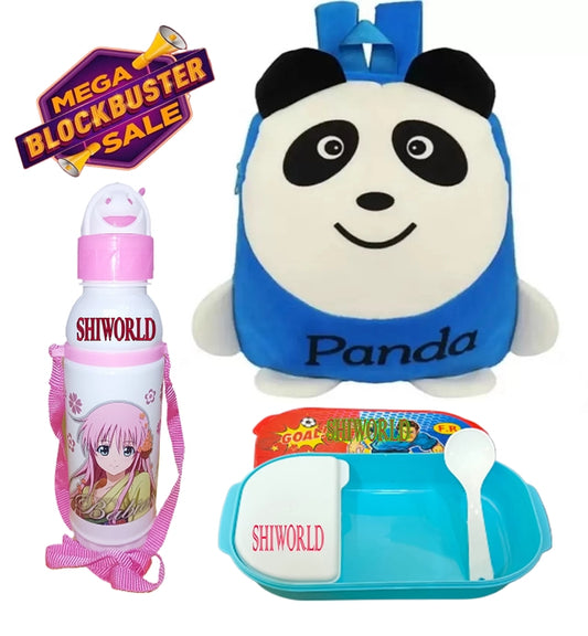 Fabric Backpack with Lunch Box & Water Bottle for Kids (Multicolor, Set of 3)