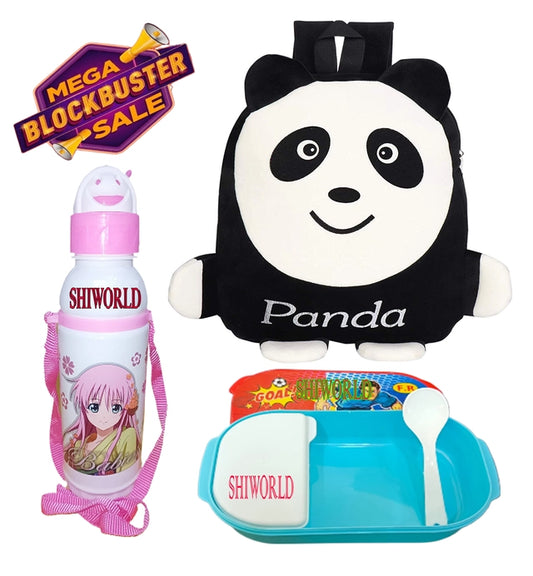 Fabric Backpack with Lunch Box & Water Bottle for Kids (Multicolor, Set of 3)
