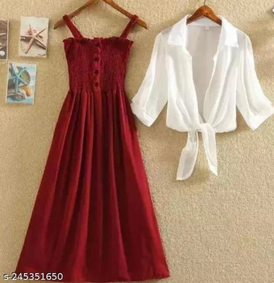 Poly Crepe Dress for Women (Maroon & White, S)