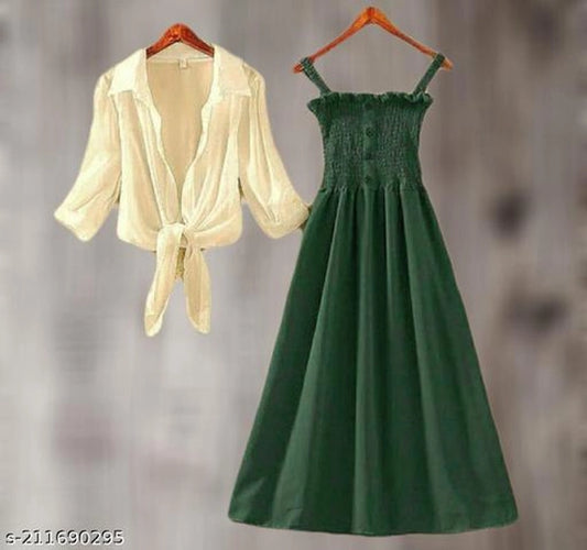 Poly Crepe Dress for Women (White & Green, S)