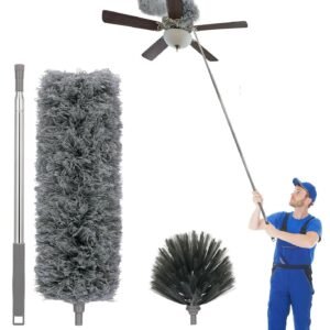 Seasons Upgraded 2 in 1 Microfiber Feather Ceiling Duster for Home Cleaning 100 inch Long Handle Bendable, Adjustable dust Cleaner Brush for High roof Cobweb Furniture Fan Mop Set, Grey