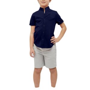 Boys Cotton Blend Mandarin Neck Navy Blue Shirt