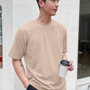 Men Round Neck Beige T-Shirt
