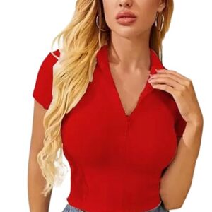 Women Collar V-Neck Red Crop Top