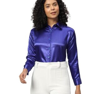 Women Formal Satin Royal Blue Shirt